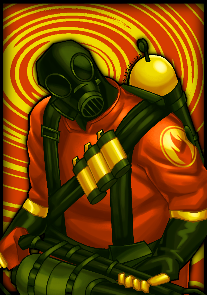 A digital drawing of Pyro in warm yellow-ish tones. They are looking at the viewer curiously, with their head tilted, and is holding their flamethrower.